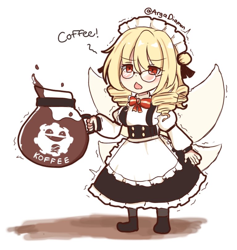 1girl, apron, black_footwear, blonde_hair, chestnut_mouth, coffee, coffee_pot, diamon_arga
