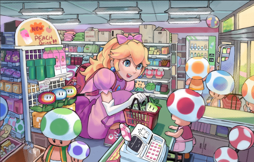 1girl, 6+others, ?_block, backpack, bag, blonde_hair, blue_toad_(mario), calilo