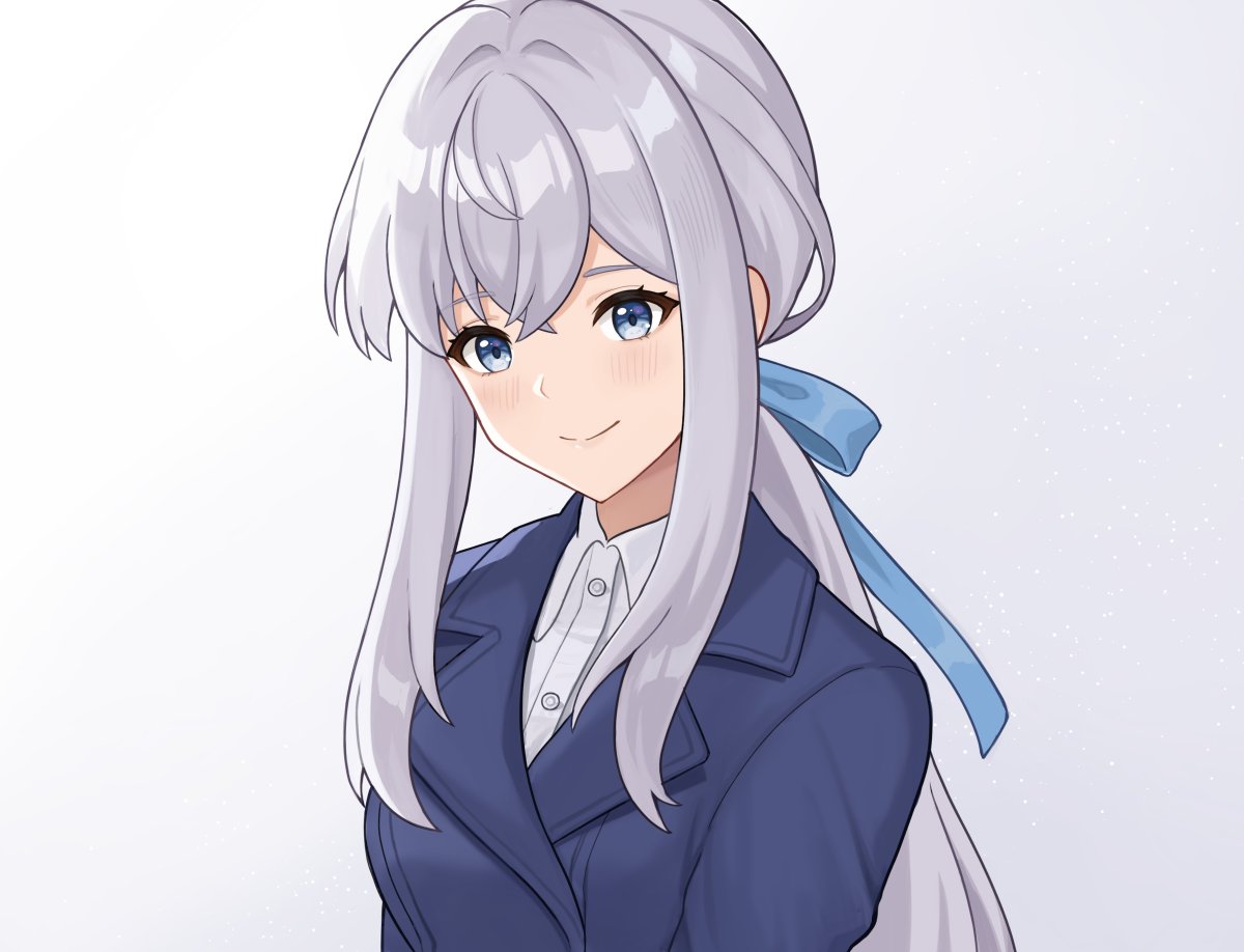1girl, blue_coat, blue_eyes, coat, game_cg, hair_ribbon, long_hair, low_ponytail