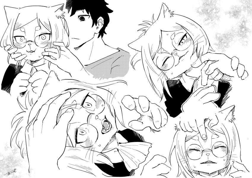 1boy, 1girl, 44izumy, absurdres, animal_ears, ascot, blush, cat_ears
