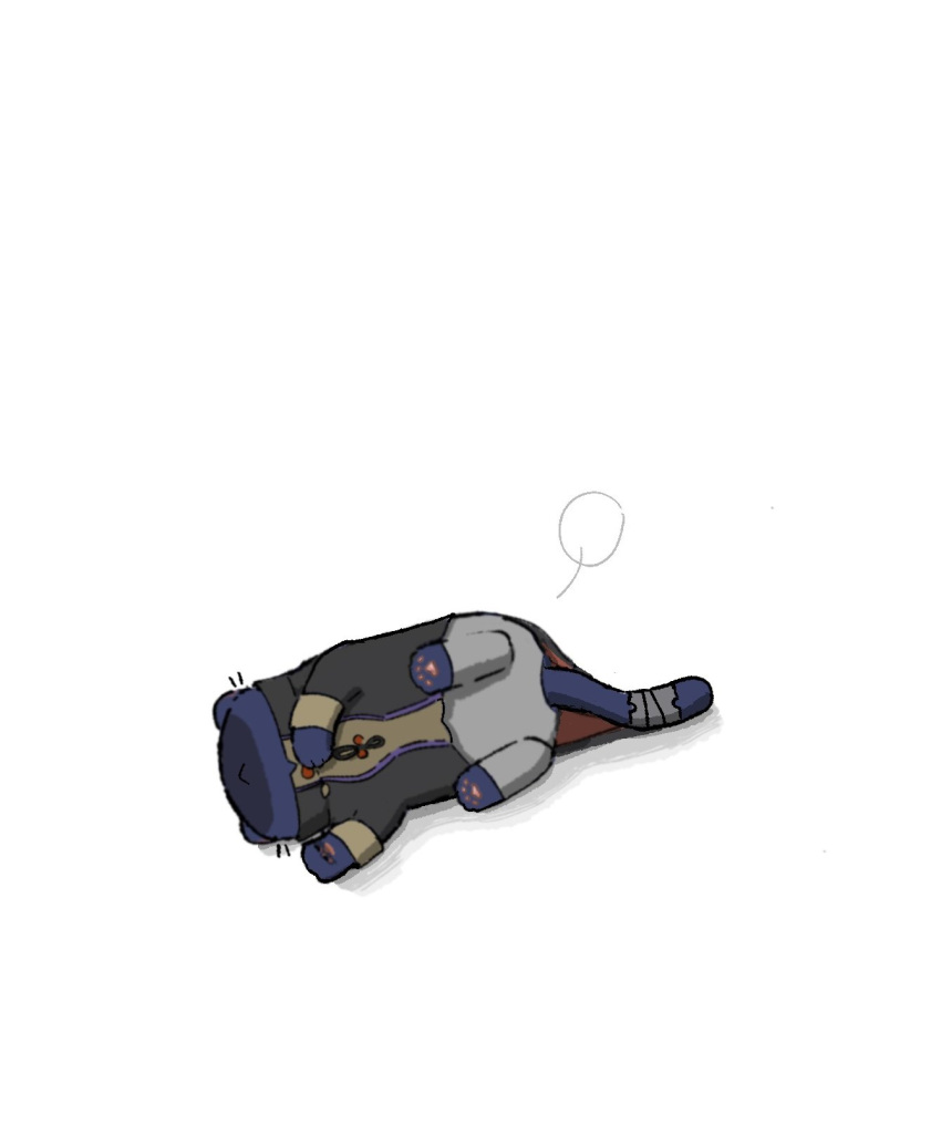 animal_focus, animalization, bandaged_tail, bandages, blade_(honkai:_star_rail), blade_(sesame_cake)_(honkai:_star_rail), blue_cat, commentary, critter_pick_(honkai:_star_rail), english_commentary, full_body, hedhooyuw, highres, honkai:_star_rail, honkai_(series), lying, no_humans, on_side, simple_background, white_background