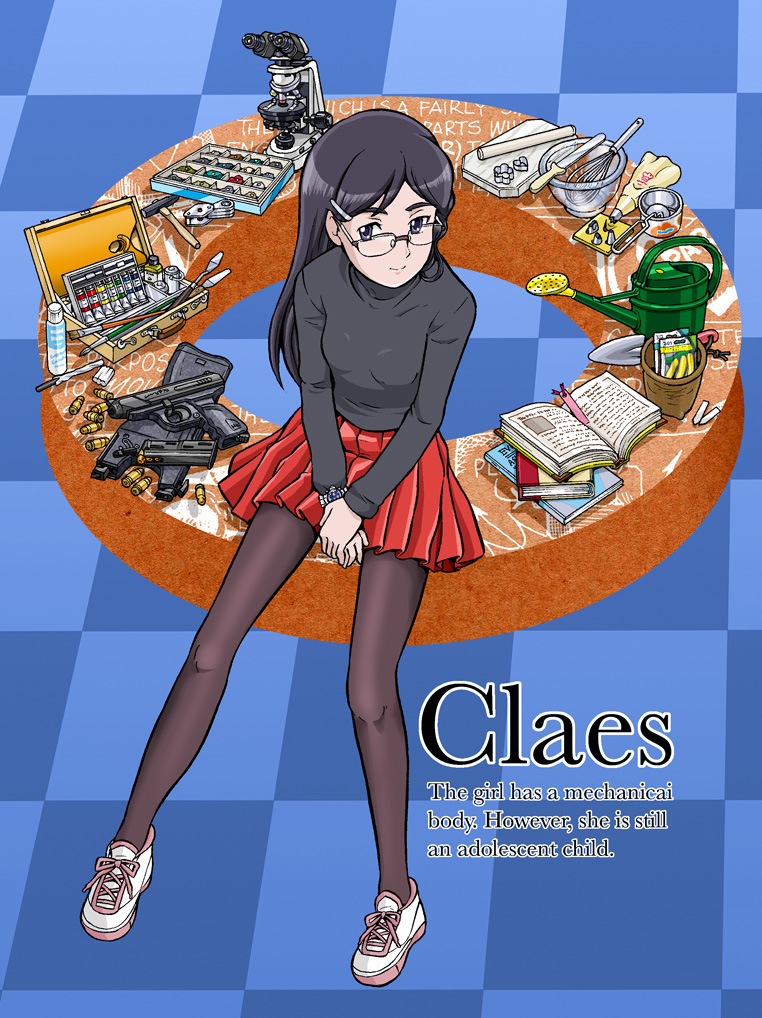 black_pantyhose, book, chocolate_making, claes, engrish, glasses, gun, gunslinger_girl, h&amp;k_vp70, hair_ornament, hairclip, hammer, handgun, legs, lim, microscope, paint, paintbrush, pantyhose, pistol, ranguage, shovel, typo, vp70, watering_can, weapon, worktool