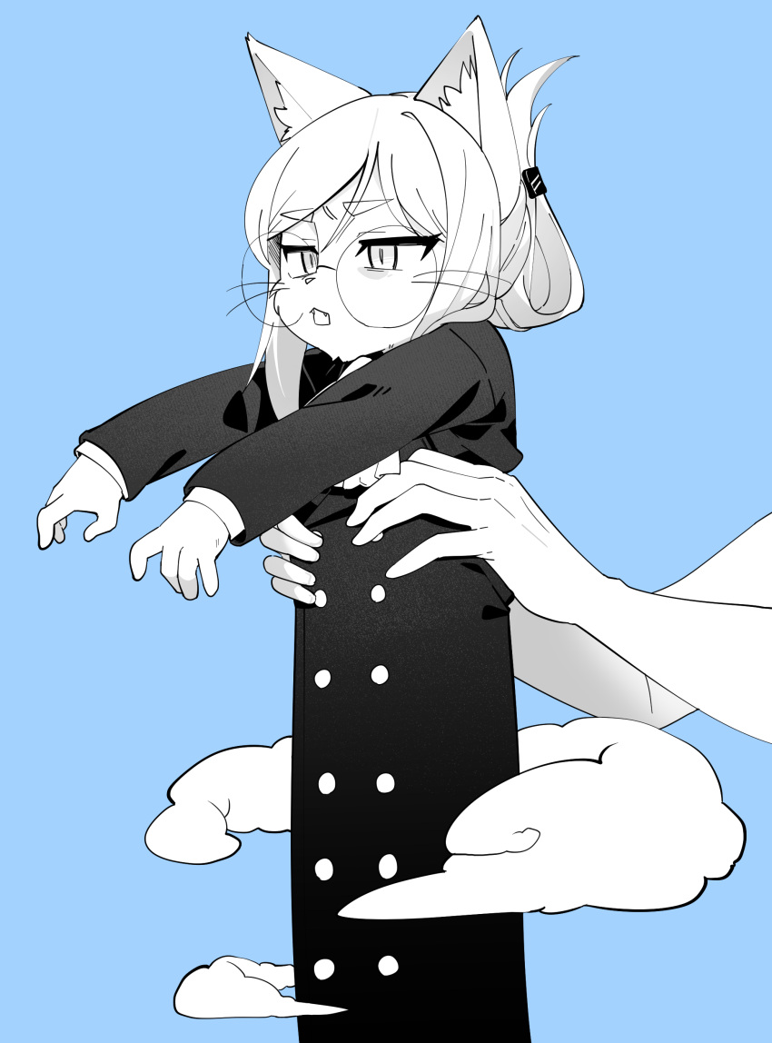 1girl, 1other, absurdres, animal_ears, annoyed, ascot, blue_background, break761