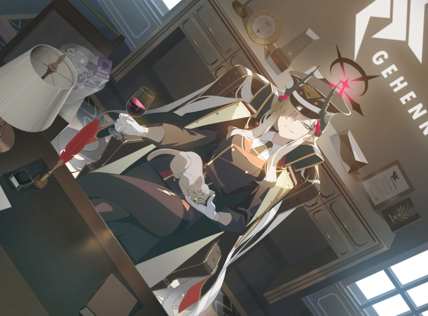1girl, absurdres, artist_request, black_coat, black_horns, black_necktie, blue_archive, blue_eyes, book, buttons, cart, cat, coat, coat_on_shoulders, crossed_legs, cup, demon_horns, desk, drinking_glass, game_cg, gehenna_academy_logo, gloves, gradient_horns, grape_juice, grey_cat, grey_hair, hair_over_one_eye, halo, hat, highres, horns, ice, indoors, ink_bottle, jacket, juice, lamp, long_hair, looking_at_viewer, makeup, makoto_(blue_archive), military_jacket, multicolored_horns, multiple_horns, necktie, non-web_source, official_art, on_chair, pantyhose, peaked_cap, pencil_skirt, quill, red_halo, sitting, skirt, solo, torn_clothes, torn_pantyhose, trophy, very_long_hair, white_gloves, window, wine_glass