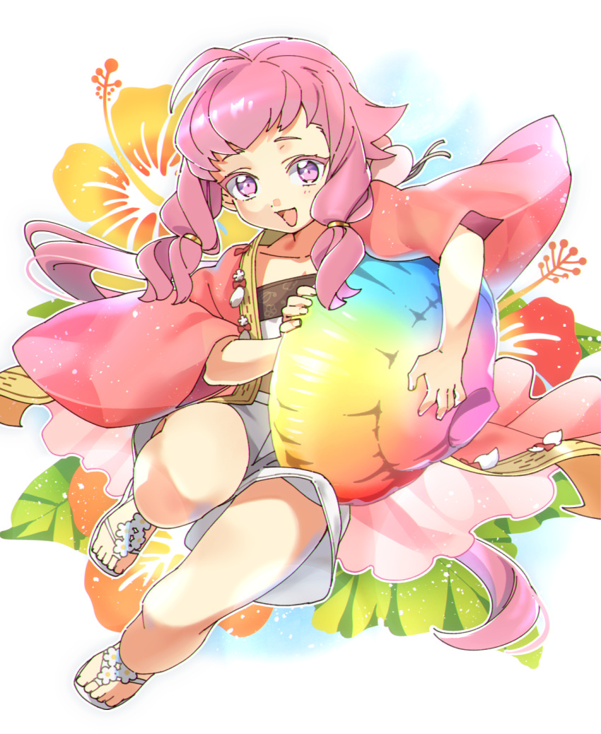 1boy, :d, ahoge, bare_legs, chatan_nakiri_(touken_ranbu), child, floral_background, flower