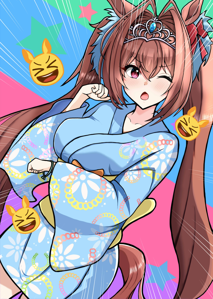 1girl, absurdres, animal_ears, blue_kimono, blush, breasts, chestnut_mouth, commentary_request, daiwa_scarlet_(umamusume), fukuyama_(superkazuma), hair_intakes, heart, heart-shaped_eyes, highres, horse_ears, horse_girl, horseshoe_print, japanese_clothes, kimono, large_breasts, long_hair, looking_at_viewer, obi, one_eye_closed, open_mouth, pink_nails, red_eyes, sash, smile, solo, tiara, tracen_ondo_(song), tracen_ondo_outfit_(umamusume), twintails, umamusume, upper_body, very_long_hair, white_background