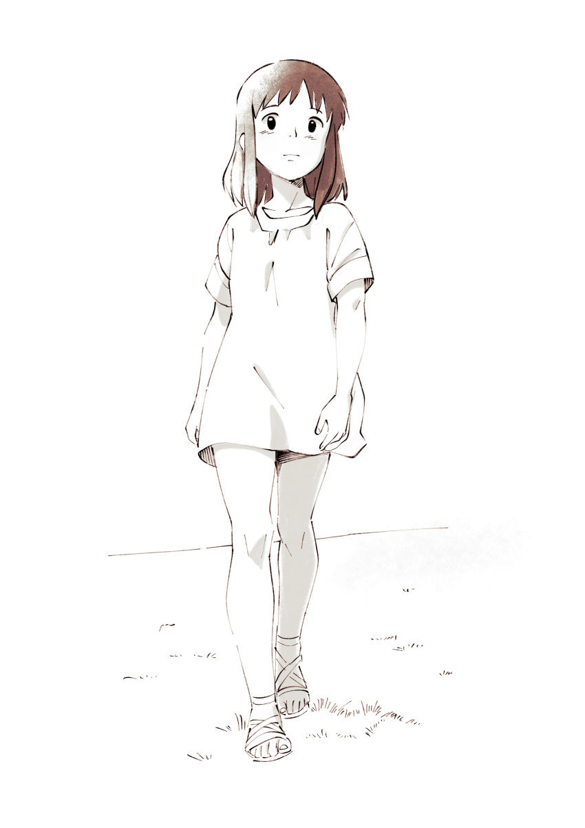 1girl, absurdres, cloudxmoe, commentary, dress, full_body, grass, greyscale