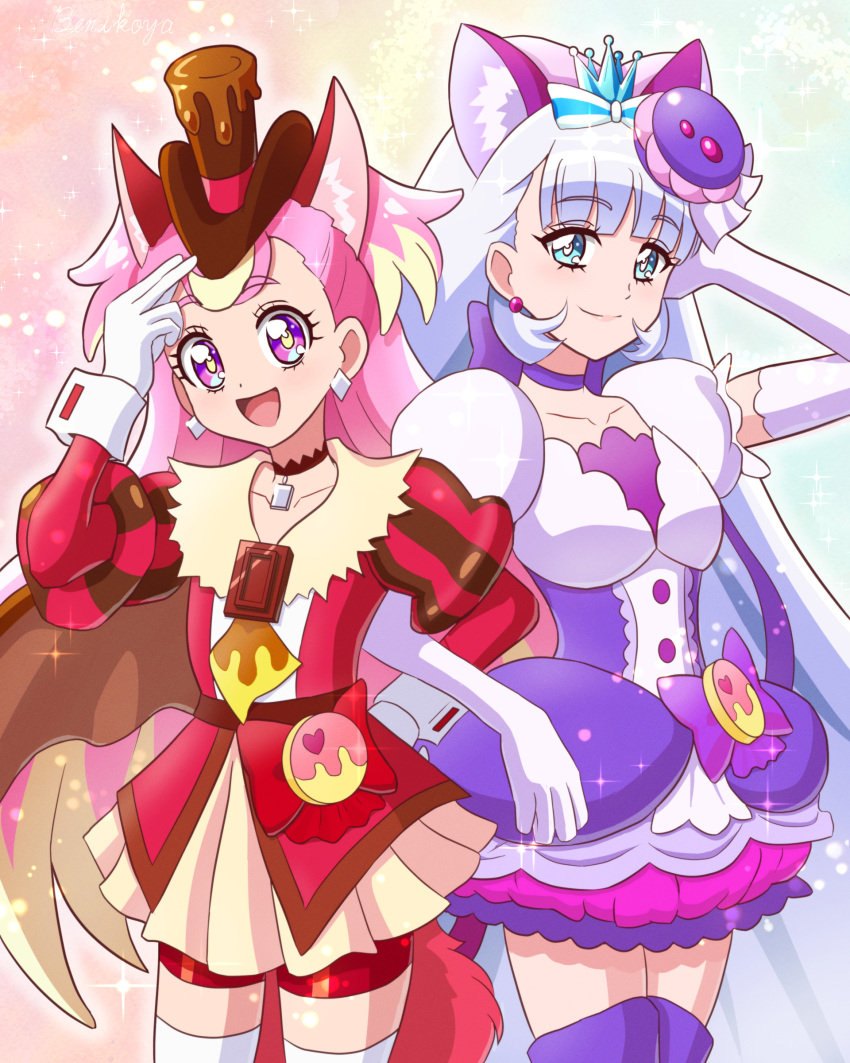 2girls, absurdres, adjusting_clothes, adjusting_headwear, animal_ears, aqua_eyes, artist_name, benikoya, bike_shorts, black_choker, black_headwear, blonde_hair, boots, bow, cat_ears, choker, closed_mouth, coat, commentary, cosplay, cowboy_shot, crown, cure_chocolat, cure_chocolat_(cosplay), cure_macaron, cure_macaron_(cosplay), cure_nyammy, cure_wonderful, dog_ears, dress, dress_bow, earrings, elbow_gloves, fake_animal_ears, food, food-themed_hair_ornament, gloves, hair_ornament, hand_in_own_hair, hat, highres, inukai_komugi, jewelry, juliet_sleeves, kirakira_precure_a_la_mode, locked_arms, long_hair, long_sleeves, macaron, mini_crown, multiple_girls, nekoyashiki_yuki, open_mouth, pink_hair, pouch, precure, puffy_short_sleeves, puffy_sleeves, purple_choker, purple_dress, purple_footwear, red_coat, red_shorts, short_dress, short_sleeves, shorts, side-by-side, signature, smile, standing, thigh-highs, thigh_boots, top_hat, trait_connection, two_side_up, violet_eyes, white_gloves, white_hair, white_thighhighs, wonderful_precure!