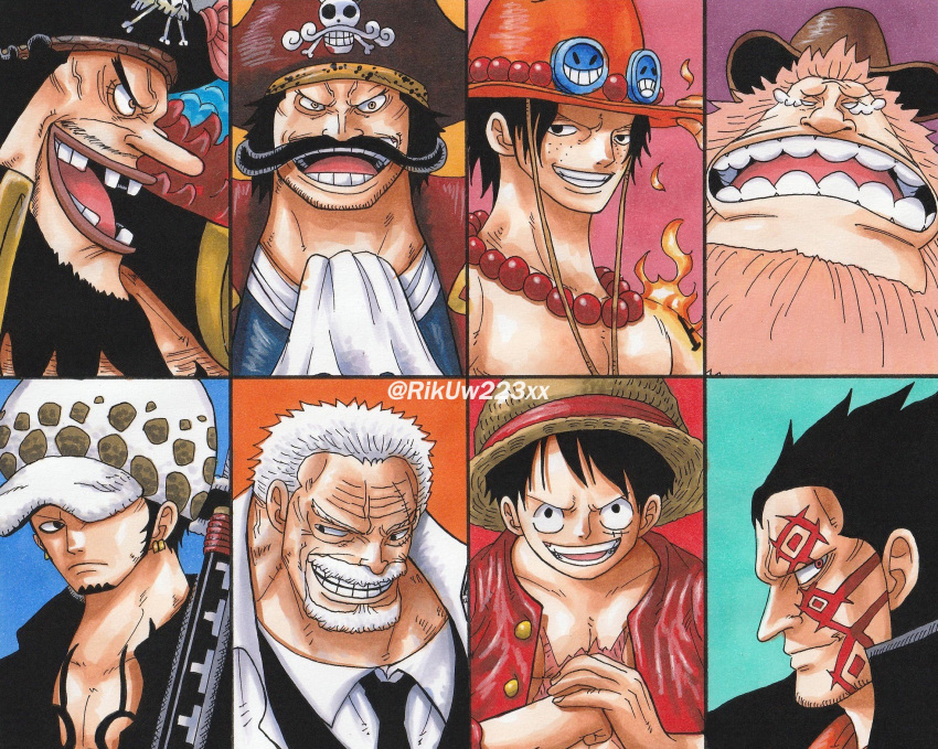 6+boys, beard, black_hair, black_shirt, chest_tattoo, closed_mouth, column_lineup, commentary_request