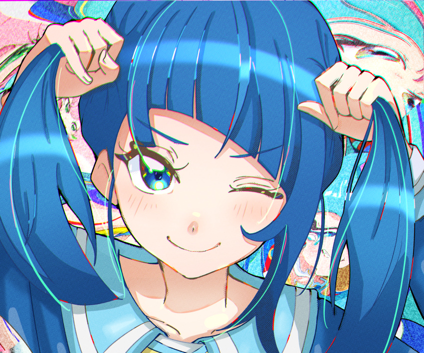 1girl, ;), absurdres, blue_eyes, blue_hair, blue_jacket, closed_mouth, commentary