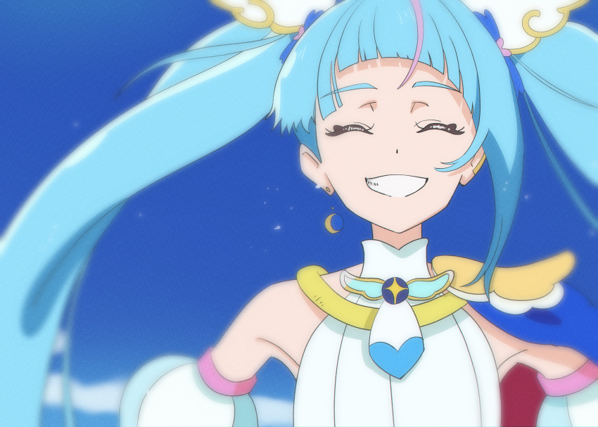 1girl, absurdres, blue_cape, blue_hair, blue_sky, brooch, cape, closed_eyes