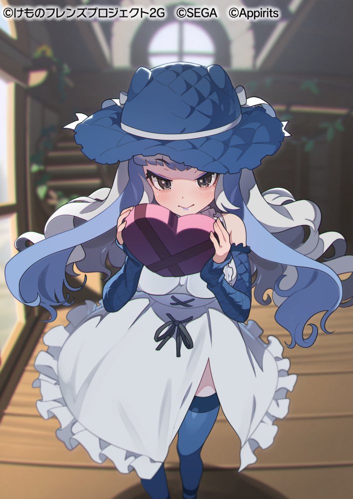 :>, bare_shoulders, blue_hair, blue_headwear, blue_lips, blue_sleeves, blue_thighhighs, blush