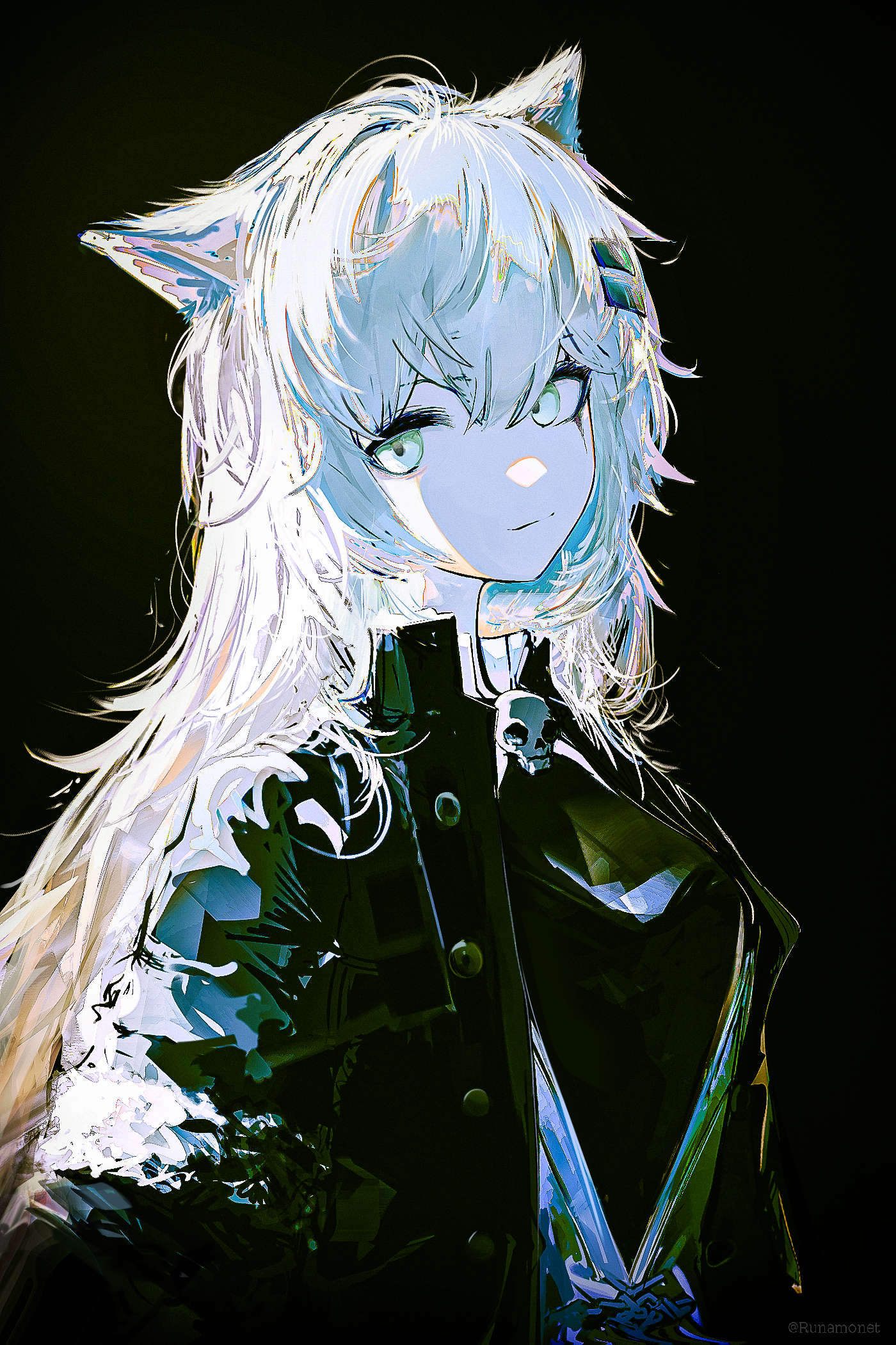 1girl, animal_ears, arknights, black_background, black_coat, chiaroscuro, coat, commentary_request