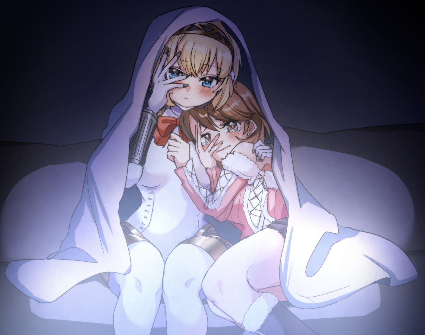 2girls, aegis_(persona), android, bare_shoulders, black_skirt, blanket, blush, boots, bow, bowtie, breasts, brown_eyes, brown_hair, commentary_request, couch, covering_face, covering_with_blanket, earrings, feet_out_of_frame, fur-trimmed_boots, fur-trimmed_sweater, fur_trim, jewelry, joints, knee_boots, large_breasts, looking_at_viewer, miniskirt, multiple_girls, official_alternate_costume, parted_lips, persona, persona_3, pink_sweater, red_bow, red_bowtie, robot_joints, scared, shared_blanket, short_hair, sitting, skirt, stud_earrings, sweater, takeba_yukari, tears, watching, watching_television, winter_clothes, yuyuy_00
