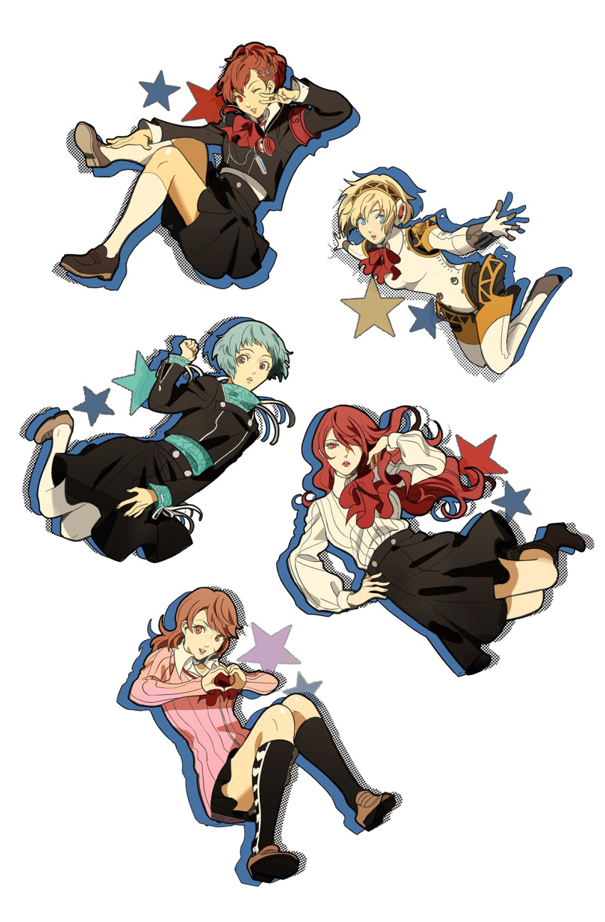 5girls, aegis_(persona), android, aqua_hair, aqua_sweater, black_footwear, black_jacket, black_skirt
