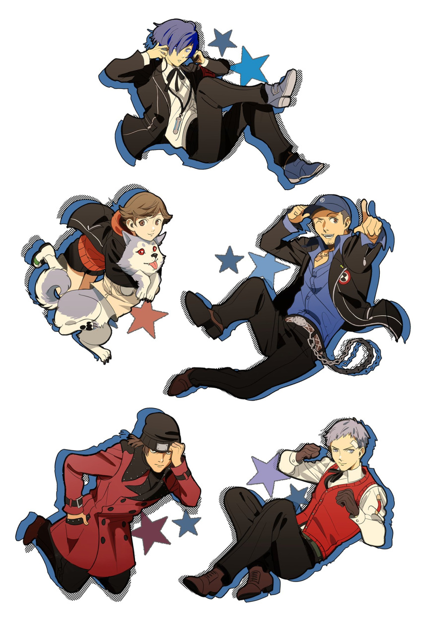 5boys, amada_ken, animal, aragaki_shinjirou, baseball_cap, belt, black_headwear, black_jacket