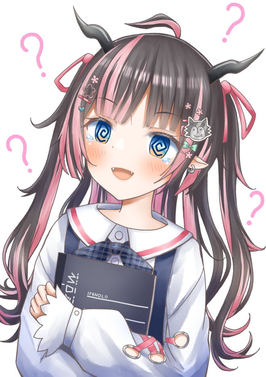 1girl, ?, @_@, absurdres, ahoge, black_hair, blue_bow, blue_bowtie