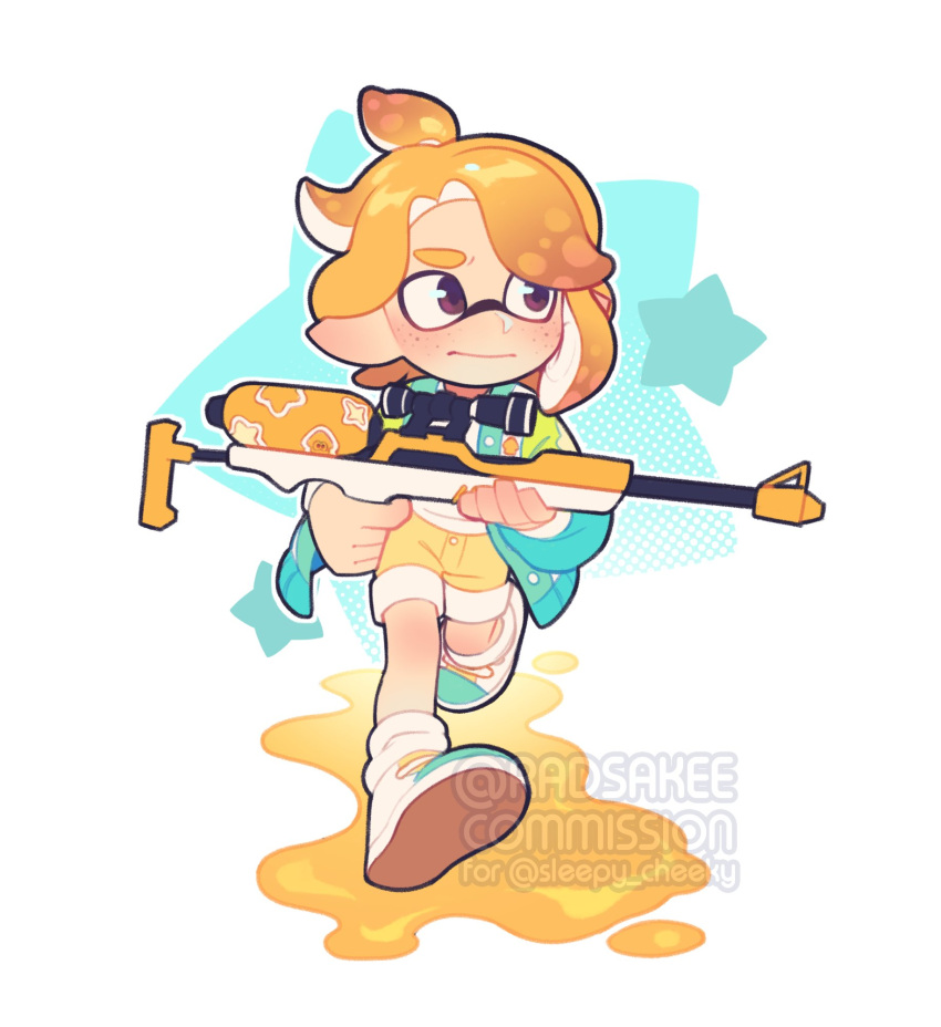 1boy, blonde_hair, blue_jacket, brown_hair, closed_mouth, commentary, english_commentary, freckles, gun, highres, holding, holding_gun, holding_weapon, inkling_boy, inkling_player_character, jacket, looking_ahead, medium_hair, paint, pointy_ears, ponytail, radsakee, running, scope, shorts, solo, splat_charger_(splatoon), splatoon_(series), splatoon_3, star_(symbol), tentacle_hair, thick_eyebrows, v-shaped_eyebrows, watermark, weapon, white_background, yellow_shorts