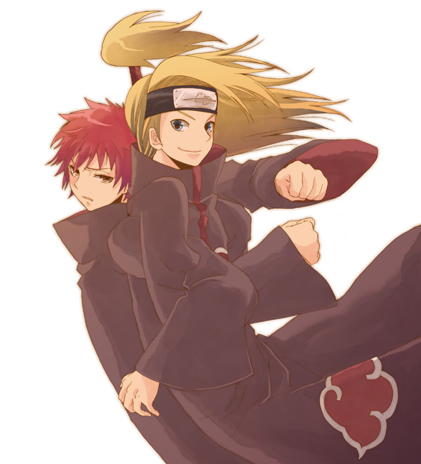 akatsuki_(naruto), akatsuki_uniform, bad_id, blonde_hair, blue_eyes, deidara, forehead_protector, iwagakure_symbol, long_hair, looking_back, multiple_boys, naruto, red_hair, redhead, sasori, smile, yupopo_(hidame)