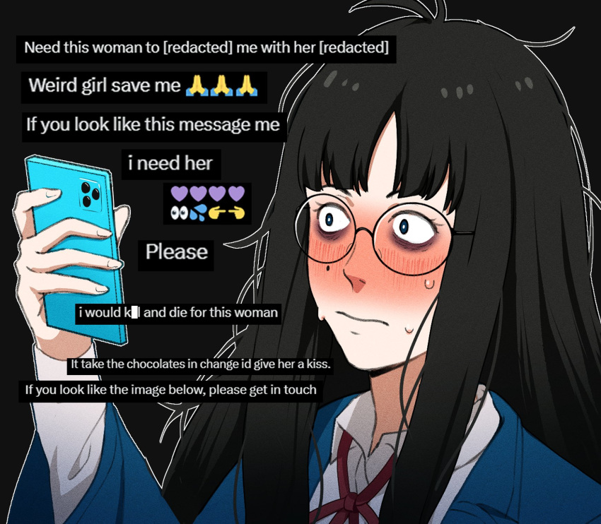 1girl, bags_under_eyes, black_hair, blue_coat, blush, censored_text, closed_mouth, coat