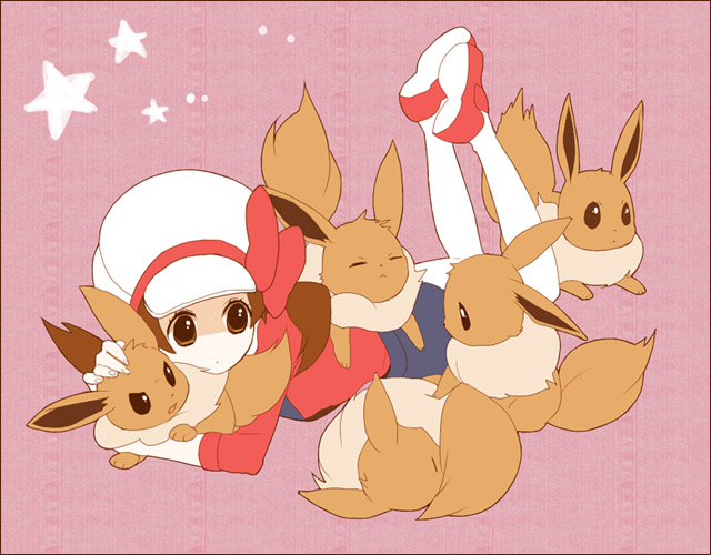 1girl, brown_eyes, brown_hair, cabbie_hat, eevee, hat, hat_ribbon, kotone_(pokemon), lying, mekonu_(mknn), pokemon, pokemon_(creature), pokemon_(game), pokemon_gsc, pokemon_heartgold_and_soulsilver, red_ribbon, ribbon, sleeping