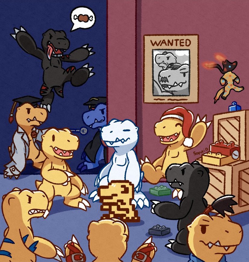 6+others, agumon, agumon_(black), agumon_(black)_x-antibody, agumon_(digimon_savers), agumon_hakase, agumon_x-antibody, bushiagumon, claws, clearagumon, coat, digimon, digimon_(creature), digimon_savers, dinosaur, dotagumon, fangs, fuhreragumon, green_eyes, lab_coat, meme, multiple_others, nise_agumon_hakase, no_humans, open_mouth, pointing_spider-man_(meme), pose_imitation, reptile, santaagumon, sauropod, sayuri_d_(liliana86973943), sharp_teeth, tail, teeth, toyagumon, toyagumon_(black), white_coat, yukiagumon