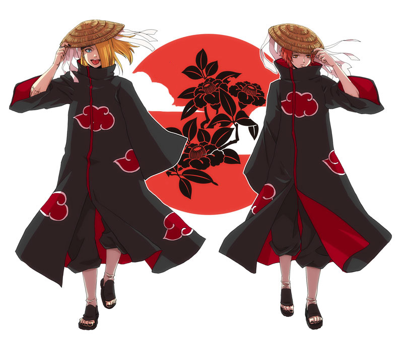akatsuki_(naruto), blonde_hair, blue_eyes, deidara, flower, hat, multiple_boys, naruto