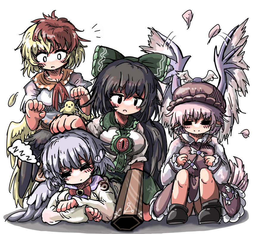 4girls, angel_wings, animal_ears, arm_cannon, bird, bird_ears, bird_on_hand, bird_tail, bird_wings, black_wings, blonde_hair, blush, bow, bowtie, braid, brown_dress, brown_headwear, chick, chicken, closed_eyes, commentary_request, dress, eye20806972, falling_feathers, feathered_wings, feathers, french_braid, girl_on_top, green_bow, green_skirt, grey_wings, hair_bow, hat, highres, kishin_sagume, long_hair, long_sleeves, lying, multicolored_hair, multiple_girls, mystia_lorelei, niwatari_kutaka, on_stomach, open_mouth, pink_hair, red_bow, red_bowtie, redhead, reiuji_utsuho, shirt, short_hair, short_sleeves, single_wing, sitting, skirt, sleeping, smile, tail, third_eye, touhou, two-tone_hair, very_long_hair, weapon, white_shirt, winged_hat, wings, yellow_wings, zzz