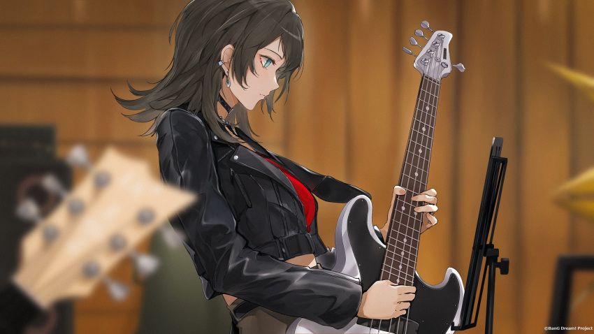 1girl, bang_dream!, bang_dream!_it's_mygo!!!!!, bass_guitar, black_choker, black_hair, black_jacket, blue_eyes, blurry, blurry_background, blurry_foreground, breasts, choker, copyright_notice, cowboy_shot, crop_top, cropped_jacket, depth_of_field, earclip, electric_guitar, film_grain, from_side, guest_art, guitar, highres, holding, holding_instrument, indoors, instrument, jacket, long_sleeves, marumoru, medium_breasts, midriff, music, official_art, playing_bass, playing_instrument, profile, red_shirt, second-party_source, shirt, solo, yahata_umiri