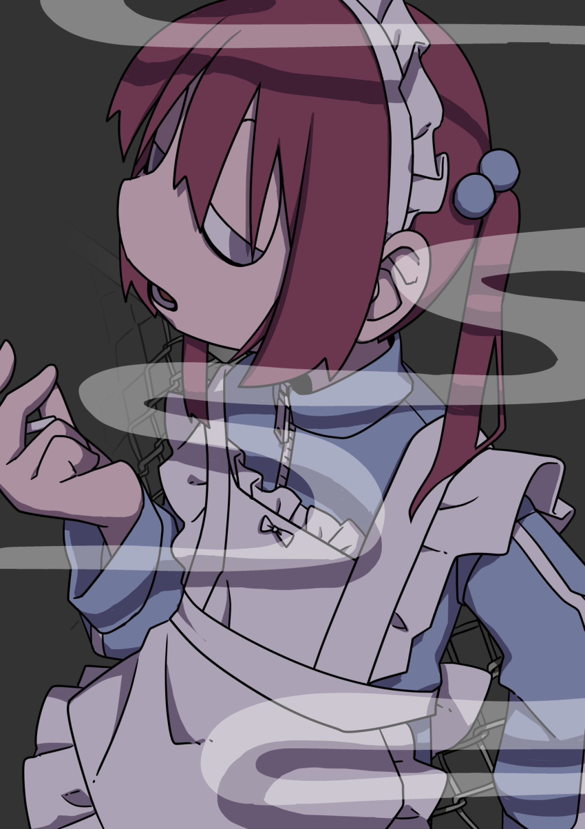 1girl, apron, bags_under_eyes, blue_jacket, chain-link_fence, cigarette, commentary_request, cowboy_shot