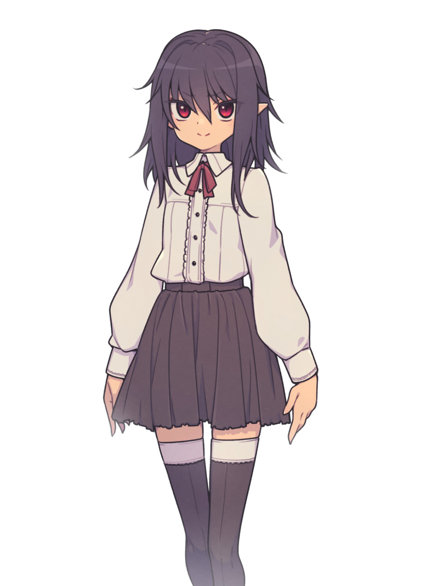 1girl, black_skirt, black_thighhighs, buttons, closed_mouth, collared_shirt, cowboy_shot, dot_nose