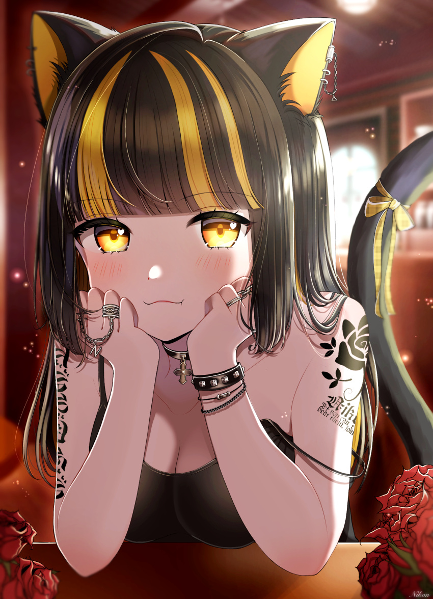1girl, animal_ears, arm_tattoo, cat_ears, cat_girl, cat_tail, earrings, highres