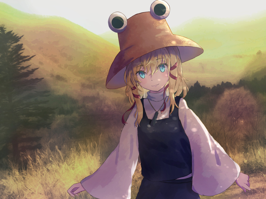 1girl, :3, absurdres, aqua_eyes, blonde_hair, blush, brown_headwear, closed_mouth