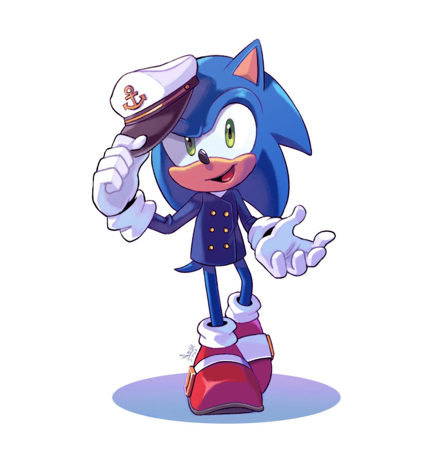 1boy, angiethecat, animal_ears, blue_jacket, furry, furry_male, gloves, green_eyes, hat, highres, jacket, looking_at_viewer, open_mouth, red_footwear, shoes, simple_background, solo, sonic_(series), sonic_the_hedgehog, the_murder_of_sonic_the_hedgehog, white_background, white_gloves, white_headwear