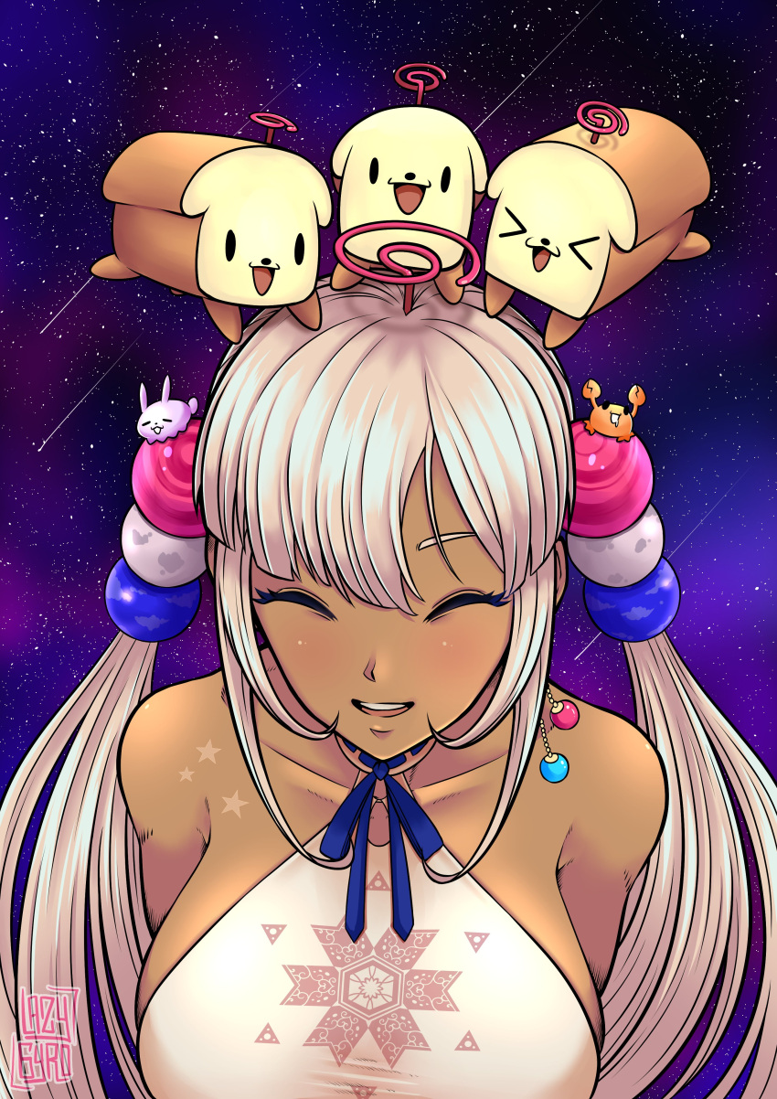 1girl, absurdres, armpit_crease, blonde_hair, breasts, commentary, crab, dark-skinned_female