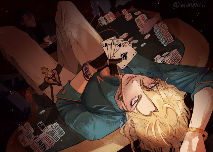 1boy, aqua_shirt, aventurine_(honkai:_star_rail), black_gloves, blonde_hair, bracelet, card, closed_mouth, collared_shirt, earrings, gloves, hair_between_eyes, highres, holding, holding_card, honkai:_star_rail, honkai_(series), jewelry, looking_at_viewer, lying, male_focus, mimmirii, pants, playing_card, poker_chip, poker_table, shirt, solo, table, violet_eyes, white_pants