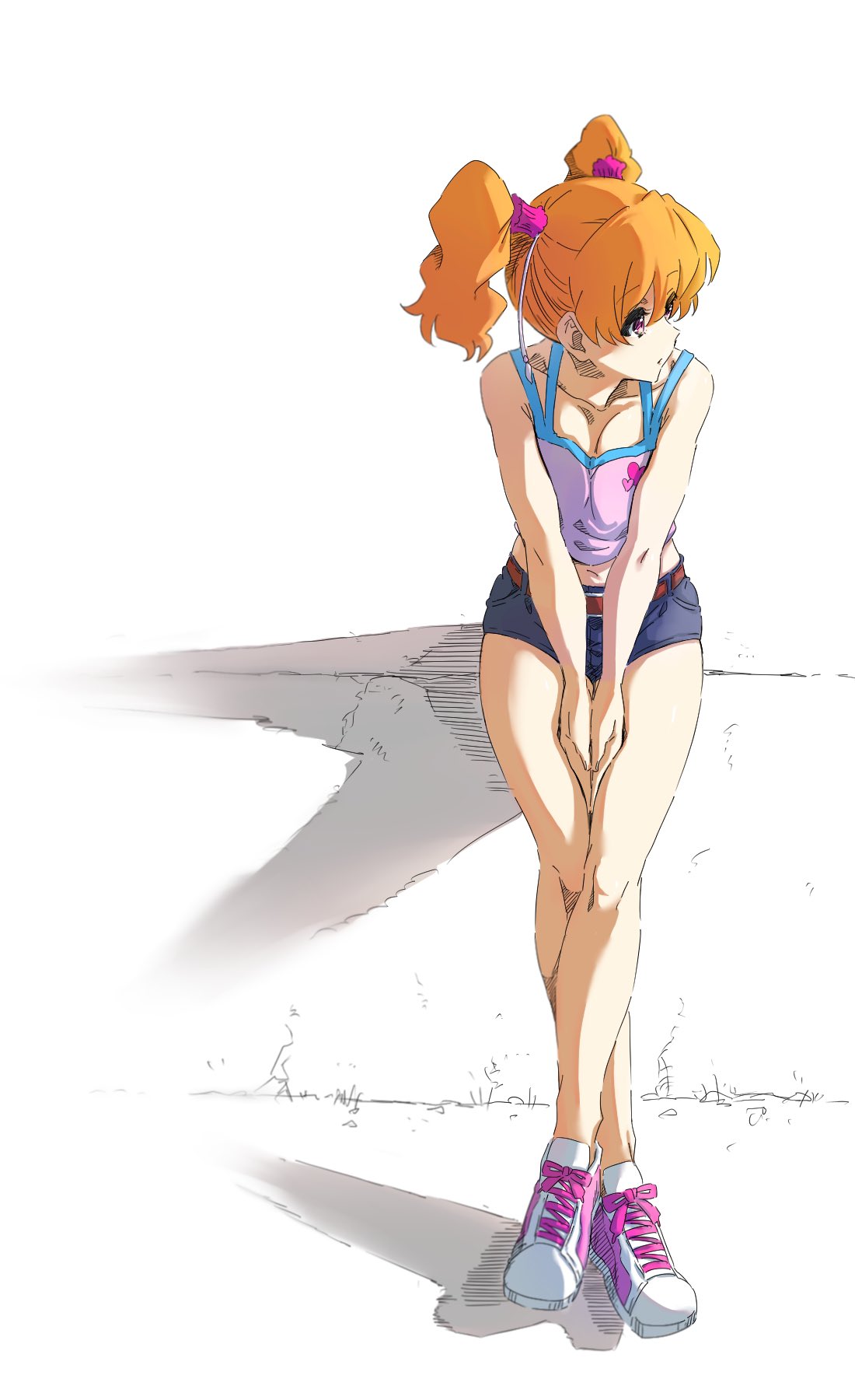 0ekqk1, 1girl, crossed_legs, denim, denim_shorts, fresh_precure!, full_body, highres, looking_to_the_side, midriff, momozono_love, orange_hair, own_hands_together, pink_eyes, pink_tank_top, precure, shoes, short_shorts, shorts, sitting, sitting_on_wall, sneakers, solo, tank_top, twintails