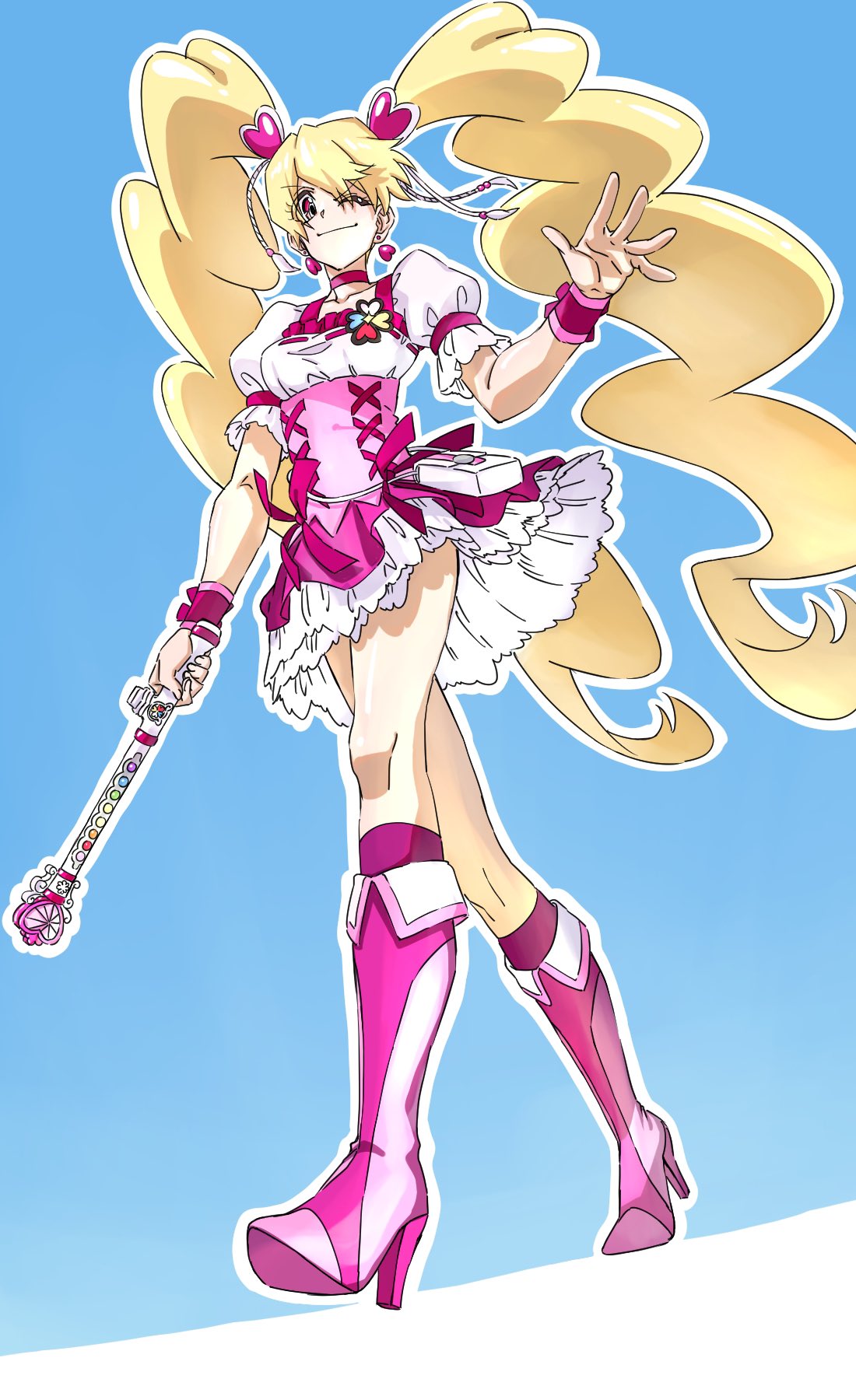 0ekqk1, 1girl, blonde_hair, blue_background, boots, cure_peach, dress, earrings, fresh_precure!, from_below, full_body, hair_ornament, hand_up, heart, heart_earrings, heart_hair_ornament, high_heel_boots, high_heels, highres, holding, holding_wand, jewelry, long_hair, magical_girl, momozono_love, one_eye_closed, peach_rod, pink_dress, pink_eyes, pink_footwear, precure, puffy_sleeves, solo, twintails, walking, wand, waves, wrist_cuffs
