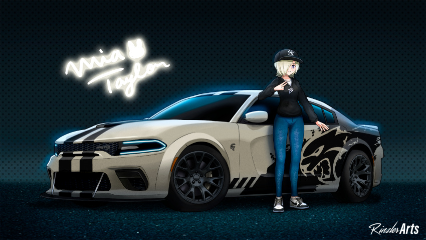 1girl, alternate_costume, baseball_cap, black_hoodie, blonde_hair, blue_headwear, blue_pants, breasts