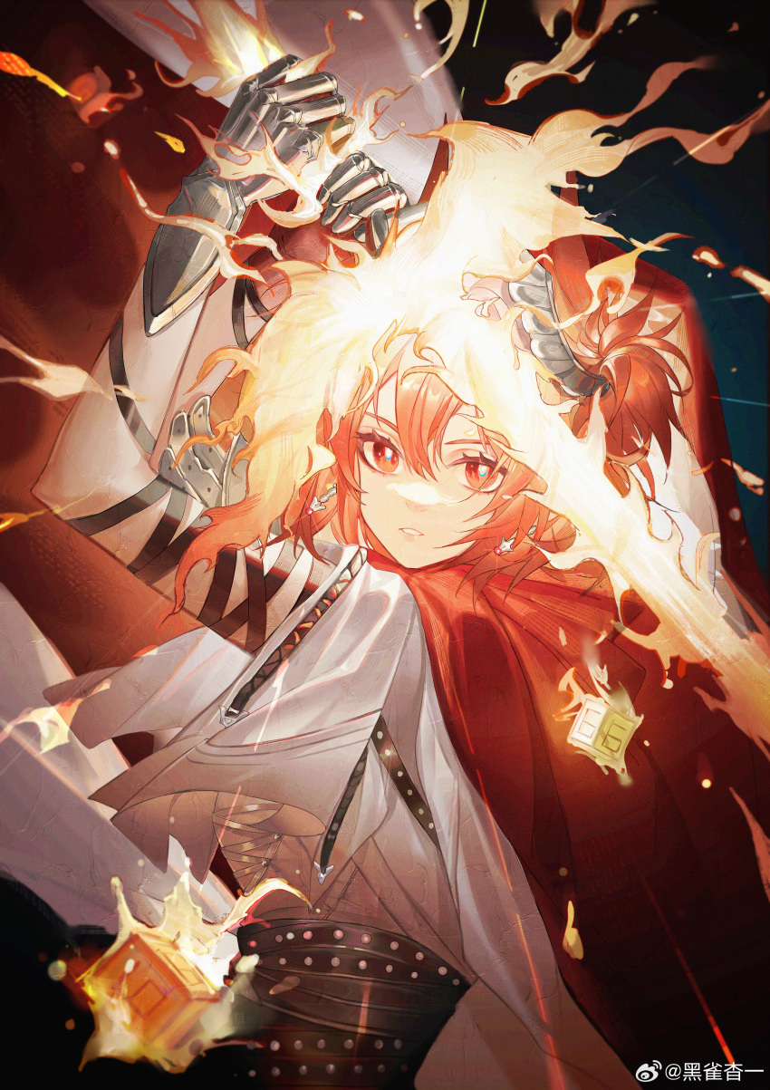 1girl, absurdres, arknights, arms_up, belt, black_background, bright_pupils, cape