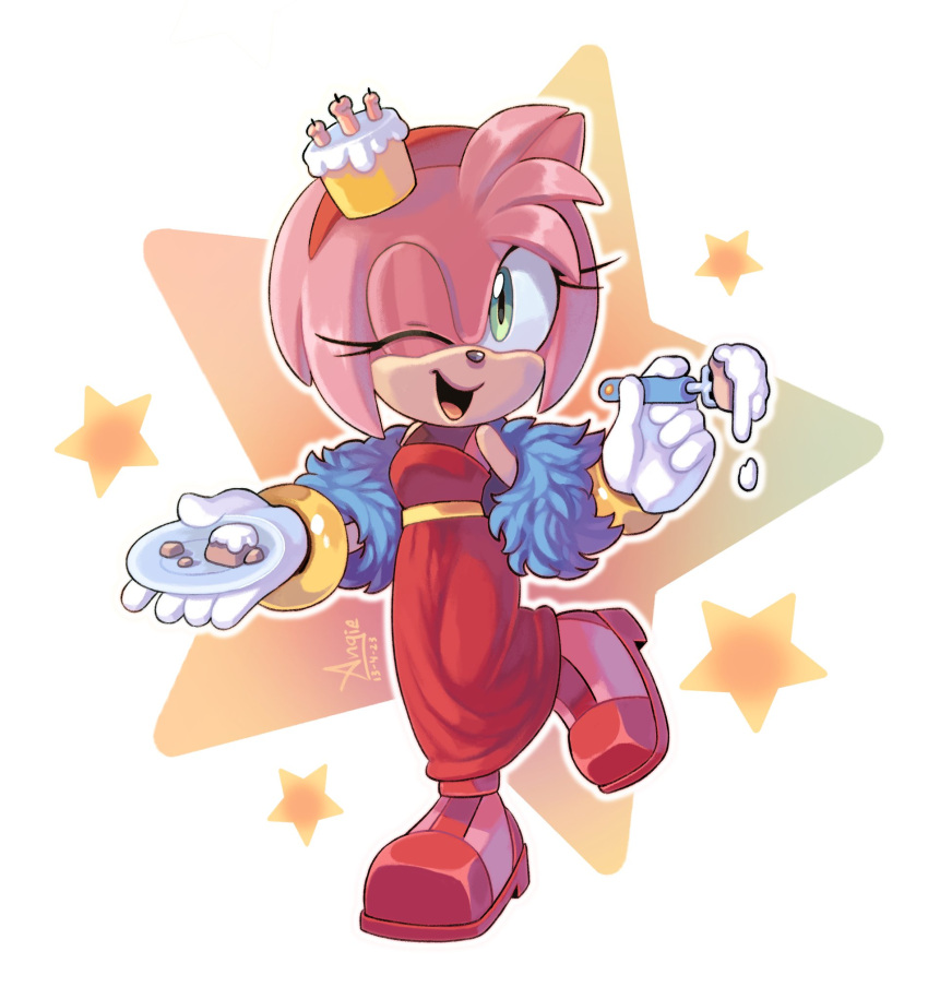 1girl, amy_rose, angiethecat, blue_boa, cake, cake_hair_ornament, dress, feather_boa