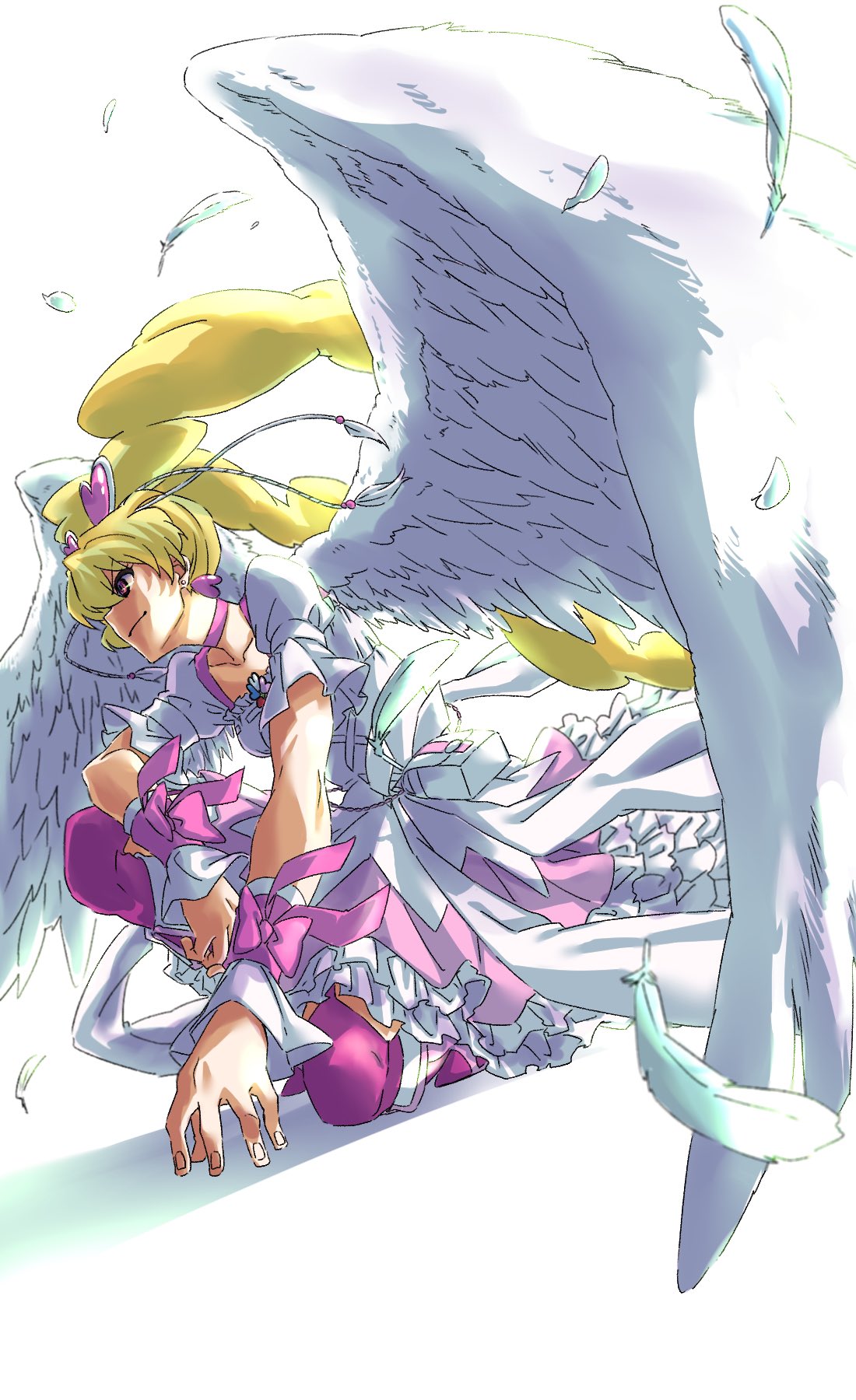 0ekqk1, 1girl, angel_wings, backlighting, blonde_hair, boots, cure_peach, cure_peach_(angel)