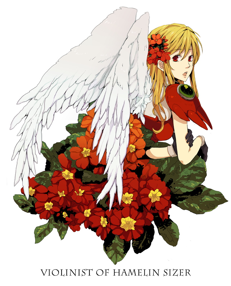 flower, leaf, long_hair, mofuko, red_eyes, sizer, violinist_of_hameln, wings