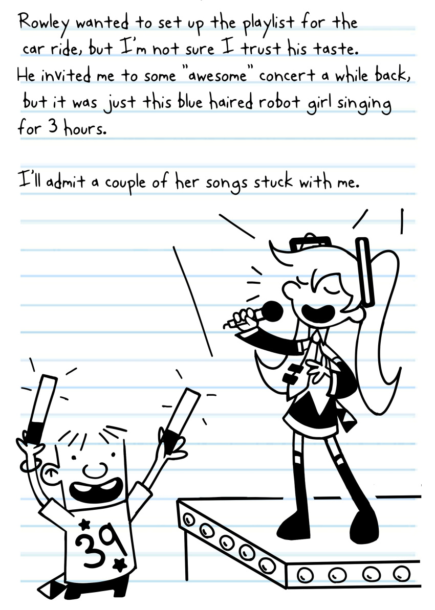 1boy, 1girl, :d, absurdres, arms_up, boots, buck_teeth, commentary, crossover, diary_of_a_wimpy_kid, dizzyisdizzy, english_commentary, english_text, glowstick, greyscale, hatsune_miku, highres, holding, holding_glowstick, holding_microphone, jeff_kinney_(style), lined_paper, microphone, monochrome, necktie, parody, rowley_jefferson, shirt, short_sleeves, skirt, smile, style_parody, teeth, thigh_boots, twintails, vocaloid
