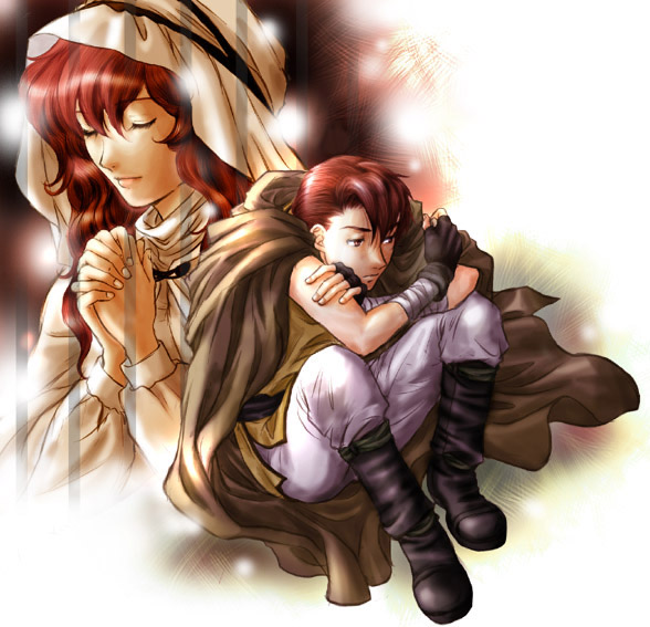 1boy, 1girl, black_footwear, brown_cape, cape, closed_eyes, fire_emblem, fire_emblem:_mystery_of_the_emblem