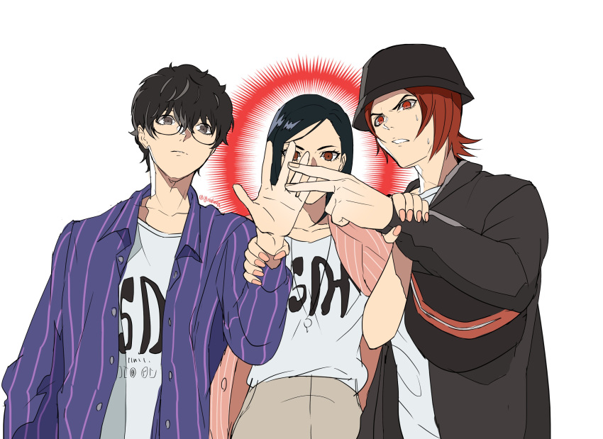 1girl, 2boys, absurdres, amamiya_ren, amano_maya, black_hair, brown_eyes, brown_hair