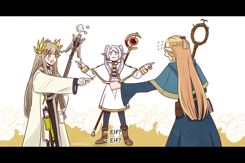 3girls, :3, =_=, arknights, belt, black_bracelet, black_pantyhose, blonde_hair