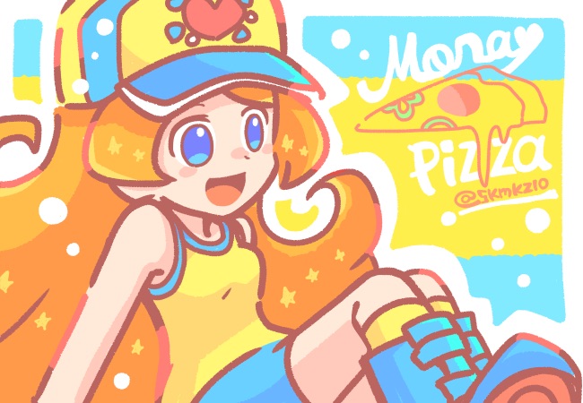 1girl, artist_name, baseball_cap, blue_eyes, blue_footwear, blue_skirt, food, hat