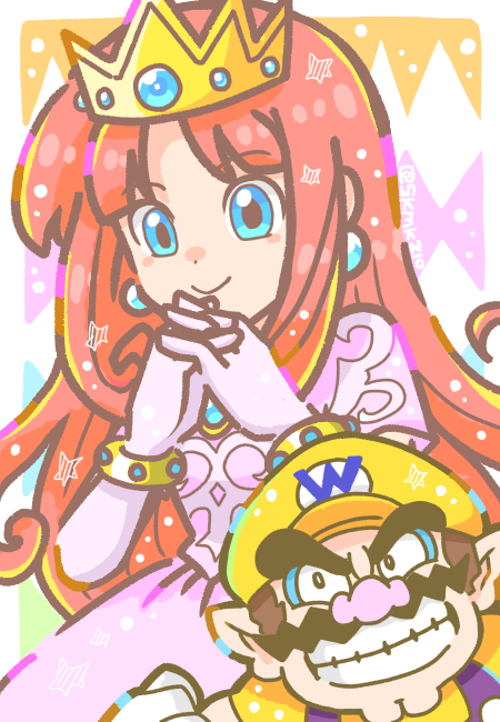 1boy, 1girl, blue_eyes, bracelet, clenched_teeth, commentary_request, crown, dress