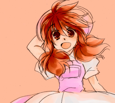 flute_(violinist_of_hameln), happy, hat, lowres, natsu_peach, orange_eyes, red_eyes, red_hair, redhead, simple_background, twintails, violinist_of_hameln